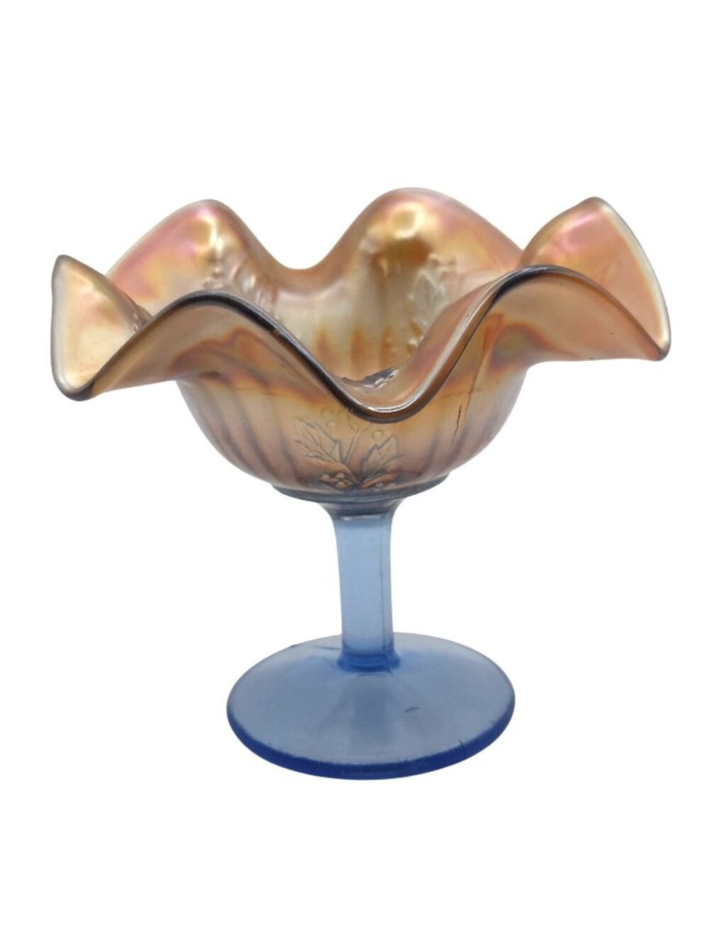 Fenton Carnival Glass Compote Rib & Holly Sprig Marigold Blue Pedestal Base 1911